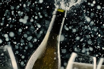 Champagne Bottle Erupting with Bubbles and Splashing in Celebration