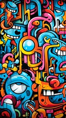 Fototapeta premium Vibrant abstract graffiti artwork with colorful geometric shapes, bold black outlines, and tribal-inspired patterns creating a dynamic and energetic composition.