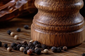 Close-Up of Wooden Pepper Mill with Spices on Rustic Surface