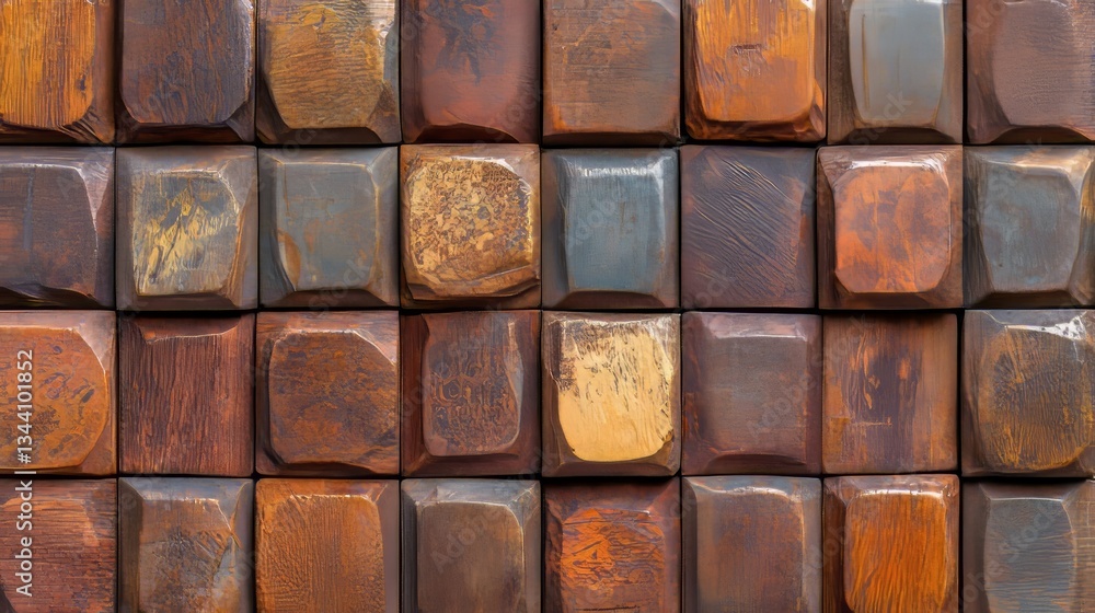 Poster a 3d rendered background featuring a wood block wall with a mosaic wallpaper design of light and dar