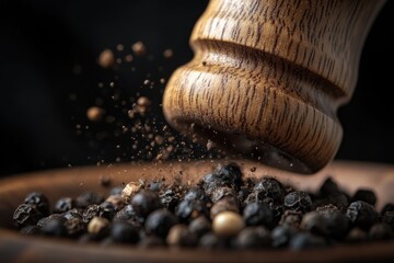 Rustic Wooden Pepper Mill Grinding Fresh Spices on Dark Background