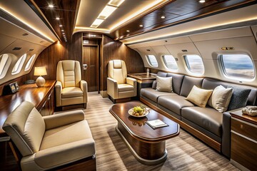 Fototapeta premium Luxurious Private Jet Cabin Interior: Spacious & Elegant Design