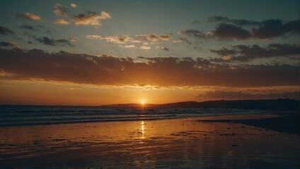 Obraz premium Dramatic sunset on a sandy beach with fiery clouds reflecting in the wet sand and gentle ocean waves.