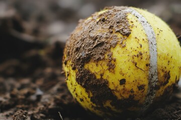 Close-up of a Dirty Yellow Tennis Ball Resting on the Ground