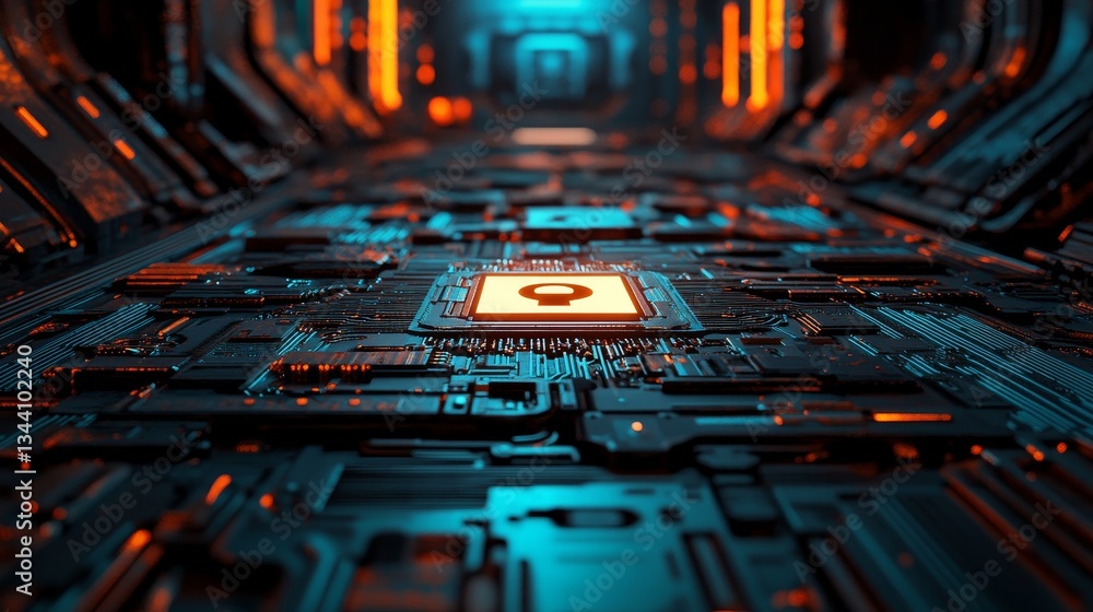 Poster a microchip features a location technology concept symbolized by a map pin, with data transmission f