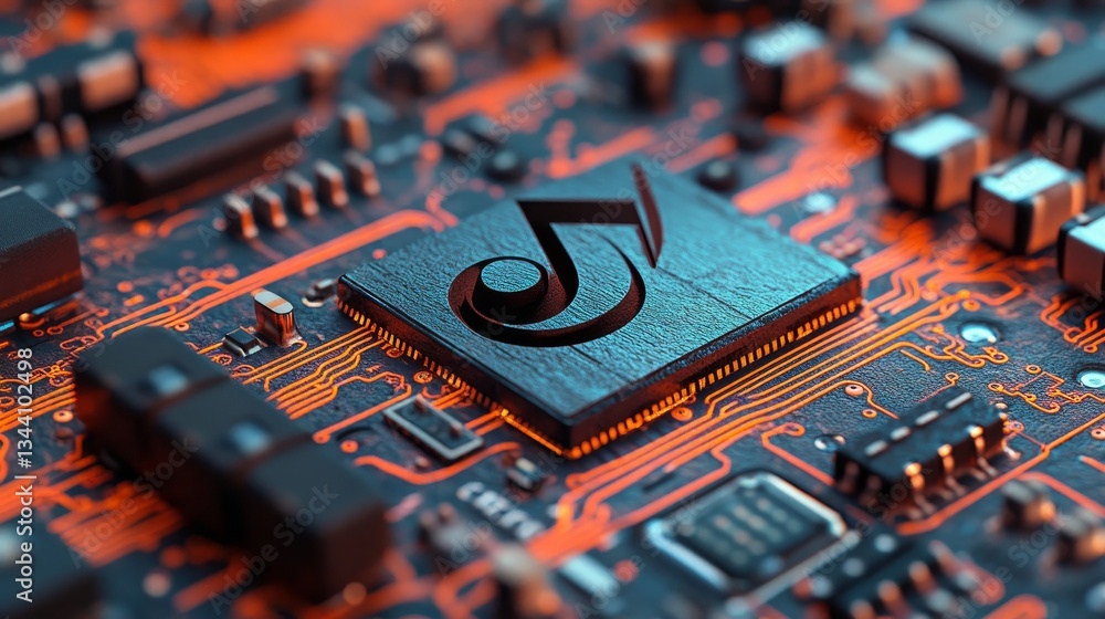 Poster a futuristic motherboard is depicted with a music symbol on a microchip, showcasing an audio technol