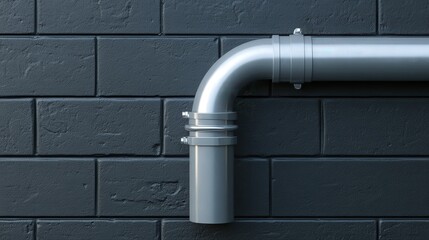 A metallic pipe bends against a textured dark wall, showcasing industrial design and simplicity in architecture.