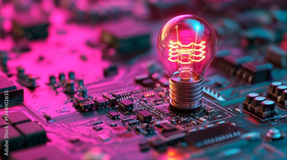 Poster a lightbulb symbol on a microchip represents the innovation technology concept, with white neon data