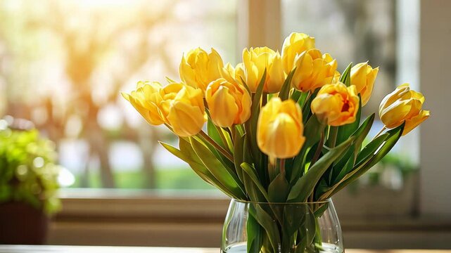 Bright yellow tulips in a vase enhance the spring ambiance in a cozy indoor setting