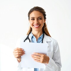 an image of a woman in a lab coat holding a piece of paper, there is a woman in a lab coat holding a piece of paper