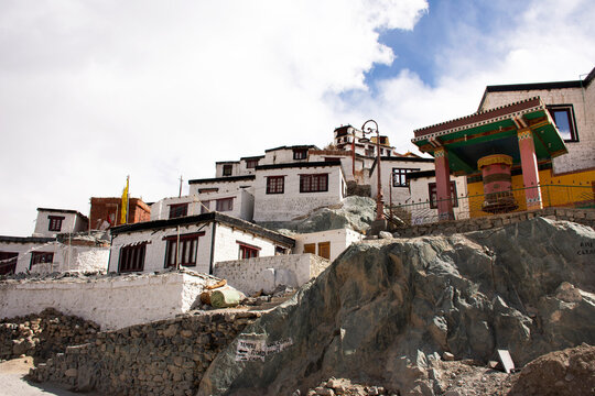 Diskit Monastery Galdan Tashi Chuling Gompa in Hunder or Hundar village of nubra tehsil valley while winter season for tibetan and people travelers visit at Leh Ladakh in Jammu and Kashmir, India - Powered by Adobe