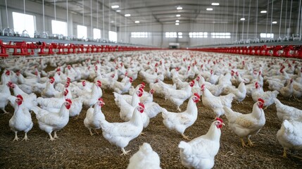 Large-scale poultry farm with automated feeding and processing equipment