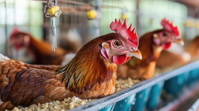 Large-scale poultry farm with automated feeding and processing equipment