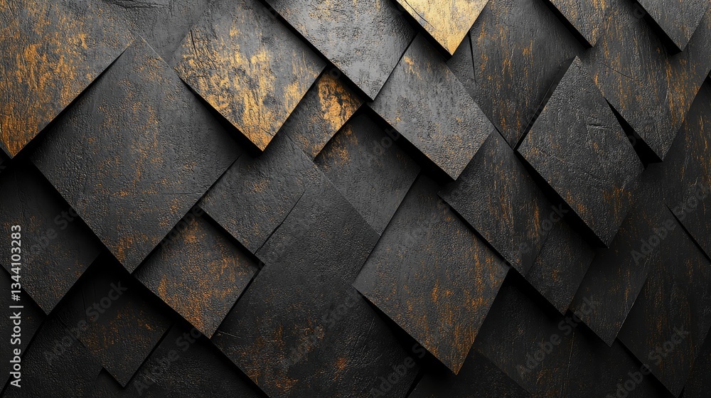 Poster A wall formed by polished triangular mosaic tiles is set against a background of 3D concrete bricks stacked to create a semigloss block
