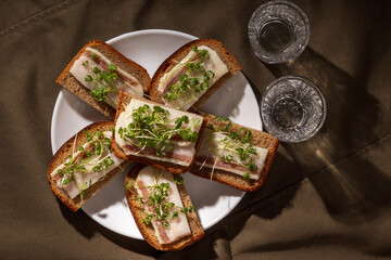 Top view of a white plate filled with rye bread slices topped with salo and microgreens, served...