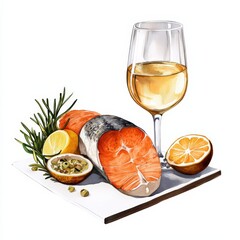 Fresh salmon fillet paired with white wine and citrus, garnished with herbs, perfect for gourmet dishes and healthy meals.