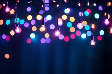 Colorful string lights illuminate a festive atmosphere with vibrant bokeh background effects