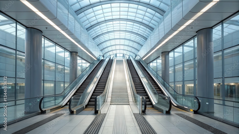 Poster a modern escalator design in a spacious, glass-walled environment, showcasing sleek architecture and