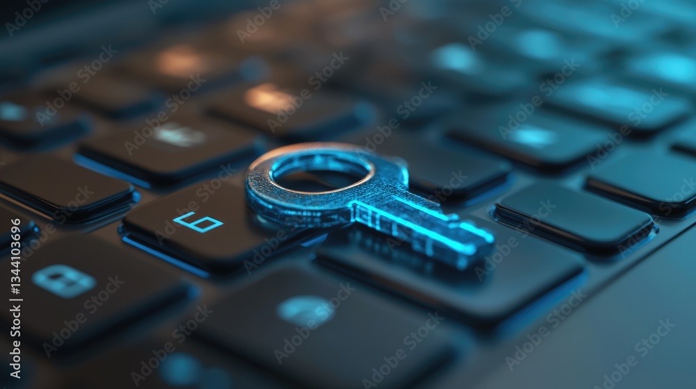 Poster close-up of a glowing key resting on a modern keyboard, symbolizing digital security and access cont
