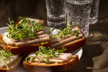 Close-up of salo (cured pork fat) on crispy rye bread, topped with fresh microgreens, with crystal shot glasses of vodka in the background.