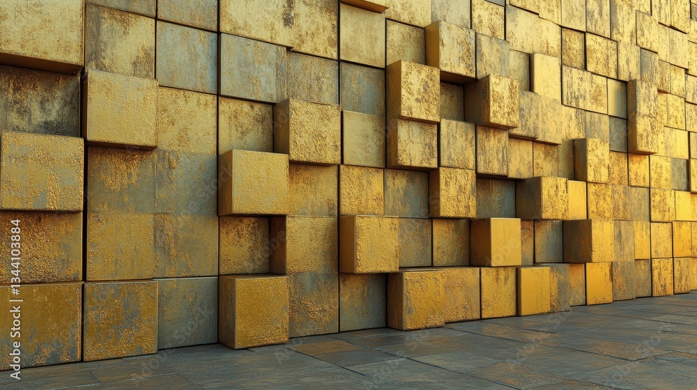 Aufkleber a 3d wall is formed by arranging rectangle tiles, set against a luxurious gold background made from 