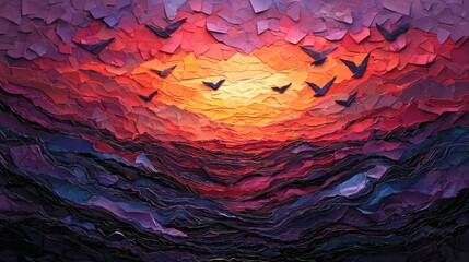 layers of torn paper creating an image of birds migrating across the sky, symbolizing adaptation to climate change, warm and inviting sunset colors, copy space on top