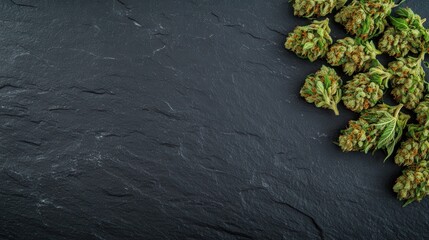 A close-up of green cannabis buds arranged on a textured black surface, highlighting their natural details and colors.