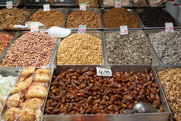 Dried fruits, seeds and other culinary delicacies for sale at the central municipal market in...