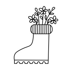 A stylized sketch of flowers in a boot. Unique and playful outline design with a charming touch.
