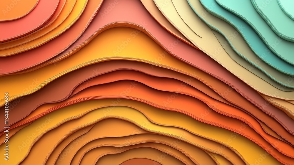 Poster a multicolored 3d render consisting of an abstract background with undulating lines in orange and ye