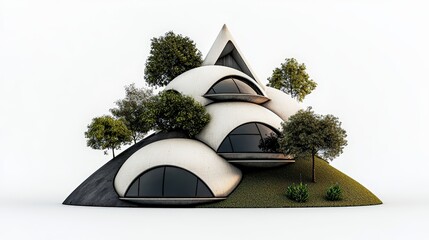 Futuristic architecture featuring organic shapes and green landscaping, showcasing harmony between nature and modern design.
