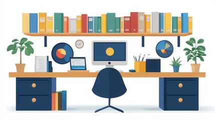 A modern remote workspace with organized shelves, plants, and technology for productivity