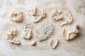 Coral Fragments on Beige Surface Minimalist Nature Composition Top View Relaxing Aesthetic