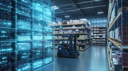 Naklejka premium Warehouse forklift with digital overlay