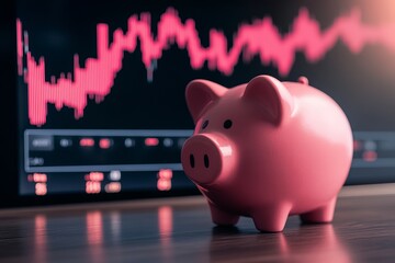 Pink Piggy Bank with Financial Chart Background Showing Market Trends and Investment Strategies