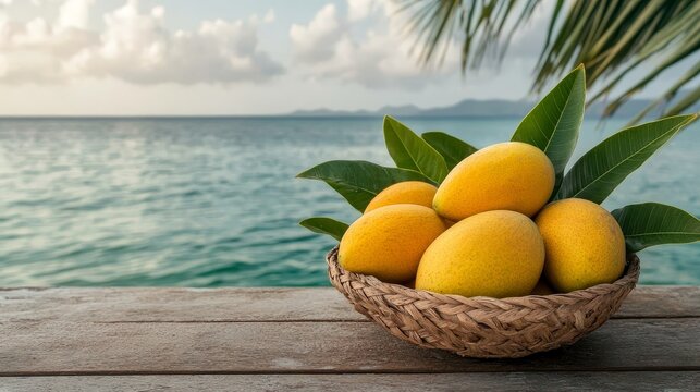 Harvesting ripe sweet mangoes in a tropical garden by the ocean fruit abundance sunlit paradise