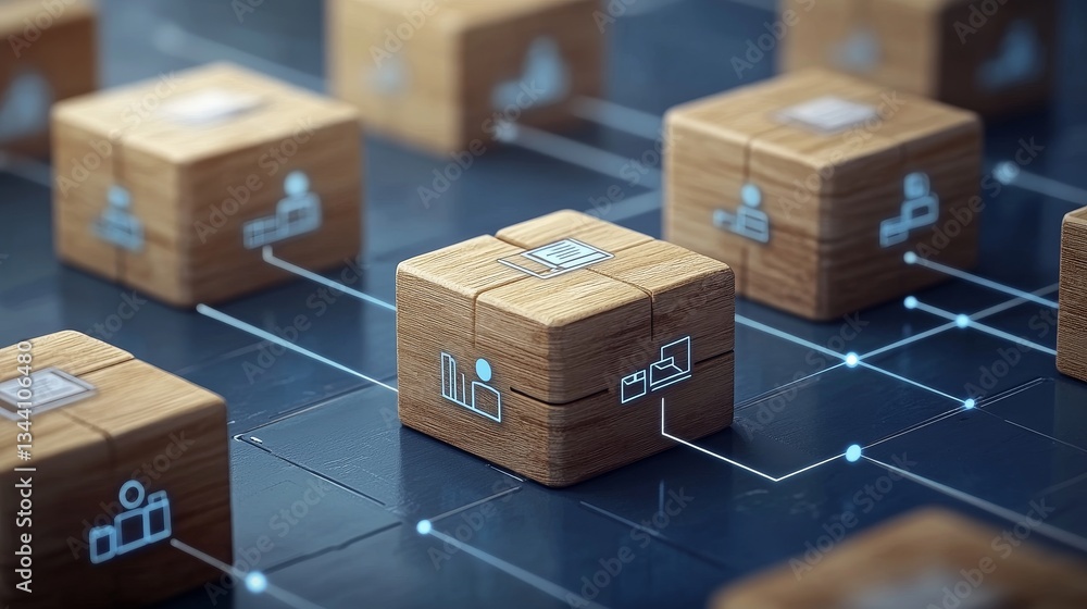 Poster a 3d rendering features a wooden block with a document symbol, representing a word document technolo