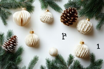 Minimal Scandinavian Style Winter Holiday Flat Lay with Paper Ornaments and Evergreen Branches for New Year's Eve Celebration
