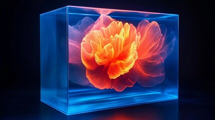 Vibrant glowing flower encased in transparent box, illuminated against dark backdrop