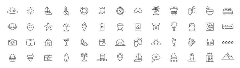 Travel, summer icon collection. Vacation summer beach set icons. Vector outline icons