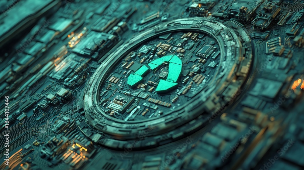 Poster a futuristic motherboard is depicted with a microchip featuring an eco technology concept and recycl