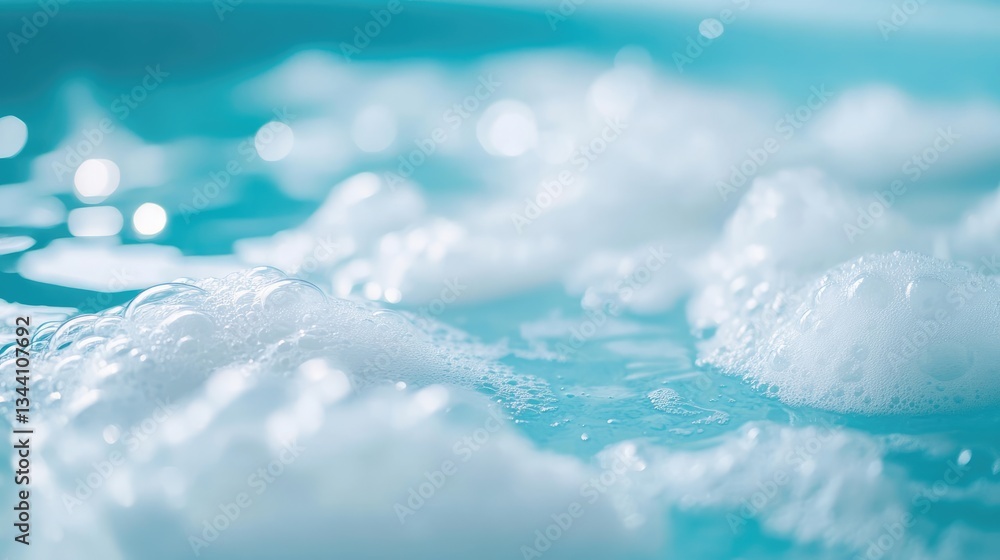 Poster close-up of soft, white bubbles floating on a serene blue surface, creating a calming atmosphere for