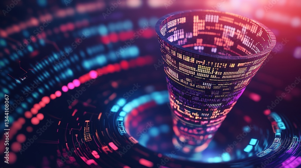 Poster Stylized Digital Funnel Glowing with Vibrant Colors and Data Streams Representing Data Processing and Analysis in Modern Technology Concepts and Design