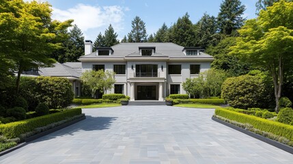 A large, elegant mansion surrounded by lush greenery and a well-maintained driveway under a clear blue sky.
