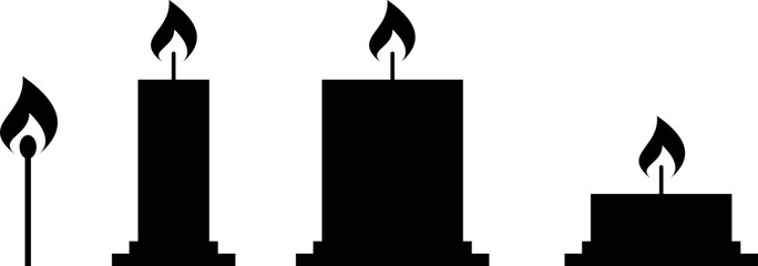 Candle with flame vector silhouettes. Simple candle icon set. Vector illustration.