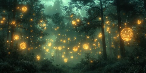 Naklejka premium Halloween Night Glowing Orbs in Mystical Forest Samhain Celebration October 31 Trick or Treating Ghosts and Pumpkins