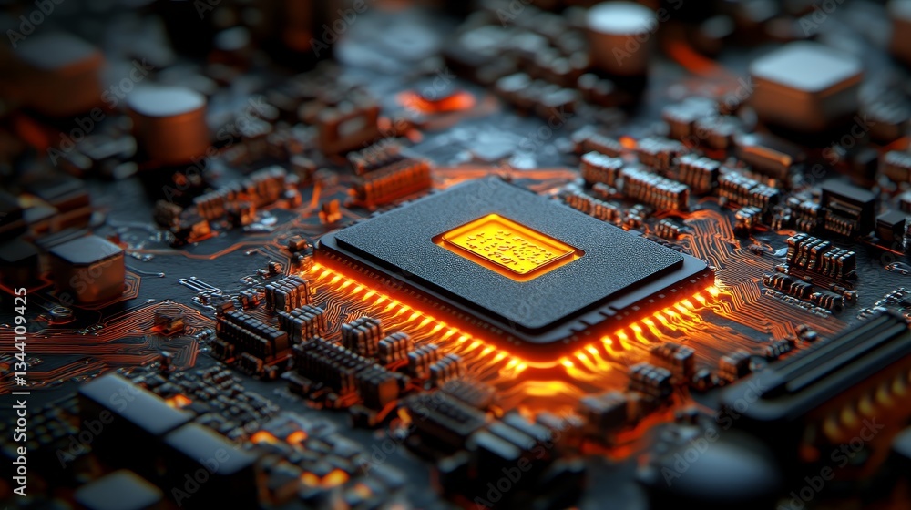 Poster a microchip features an energy technology concept, indicated by a low battery symbol, with orange ne