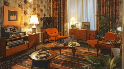 A vintage-inspired living room with retro furniture, patterned curtains, an old record player, and warm lighting for a nostalgic feel 