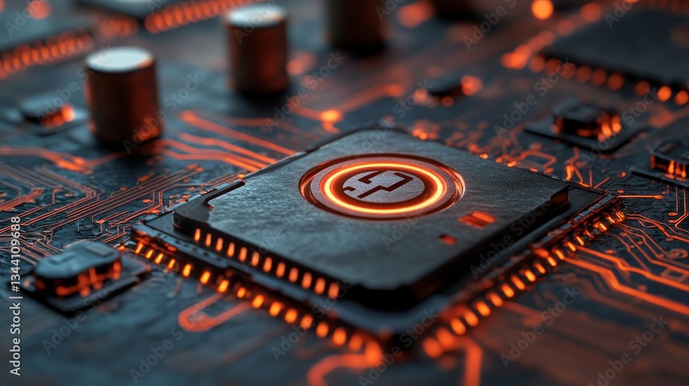 Poster a microchip features a key symbol representing security technology concept, with data transmission o