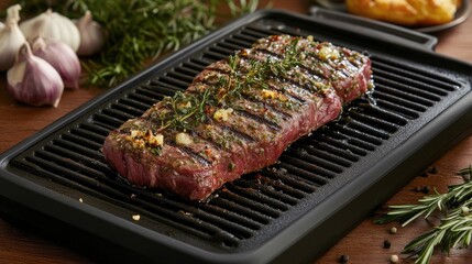 Non-stick electric grill with large ridges for authentic searing on a textured dark brown background